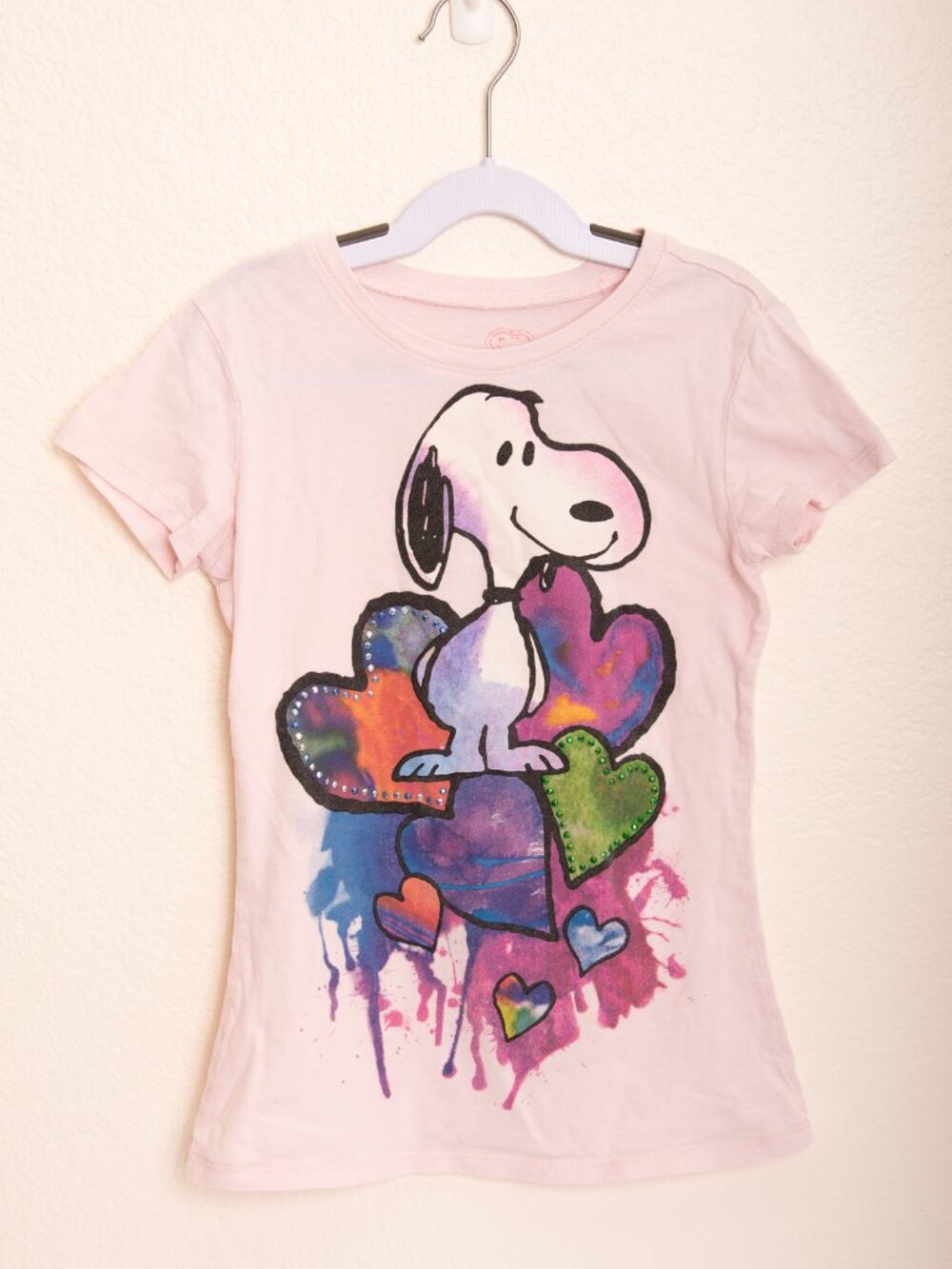 Peanuts Snoopy Girls Size Large Pink Rhinestone Graffiti Shirt 100% Cotton Cool